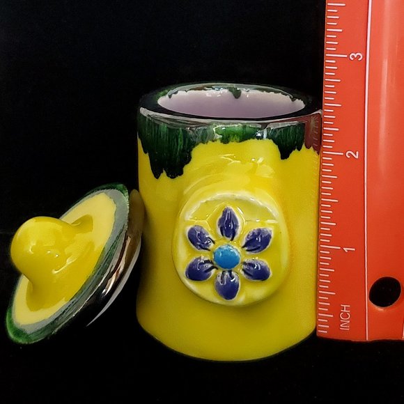 Handmade Small Ceramic Stash Jar in Bright Yellow with a Blue Flower - Picture 10 of 11